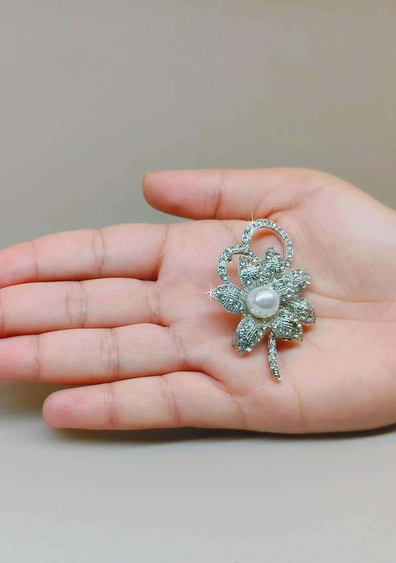 Stone Studded Flower Shaped Brooch - Indya