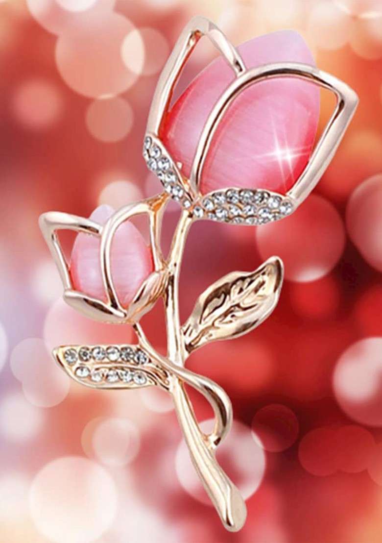 Crystal Stones Studded Floral Charm Brooch - Indya