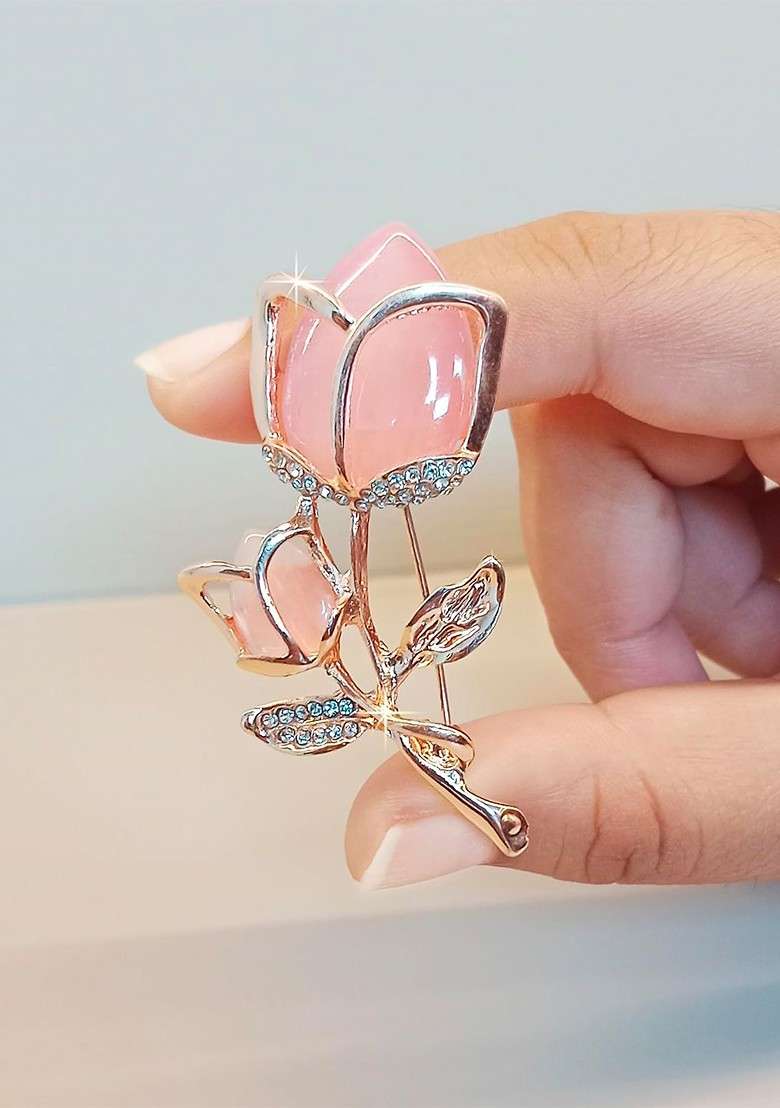 Crystal Stones Studded Floral Charm Brooch - Indya