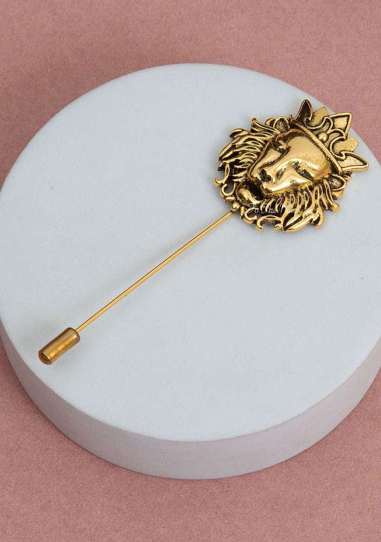 Gold Plated Antique Lion Crown Lapel Pin - Indya