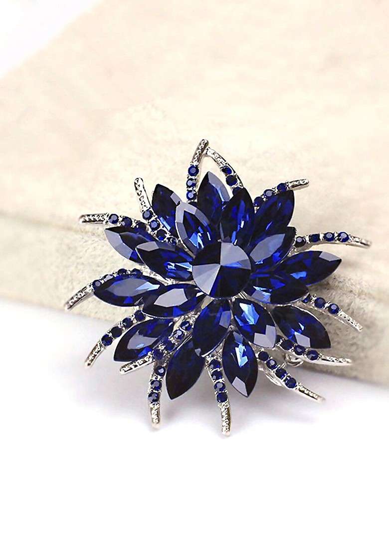 Women Blue White Crystal Brooch - Indya