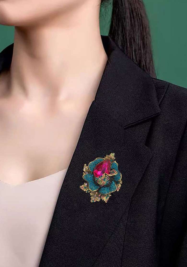 Stones Studded Floral Brooch - Indya