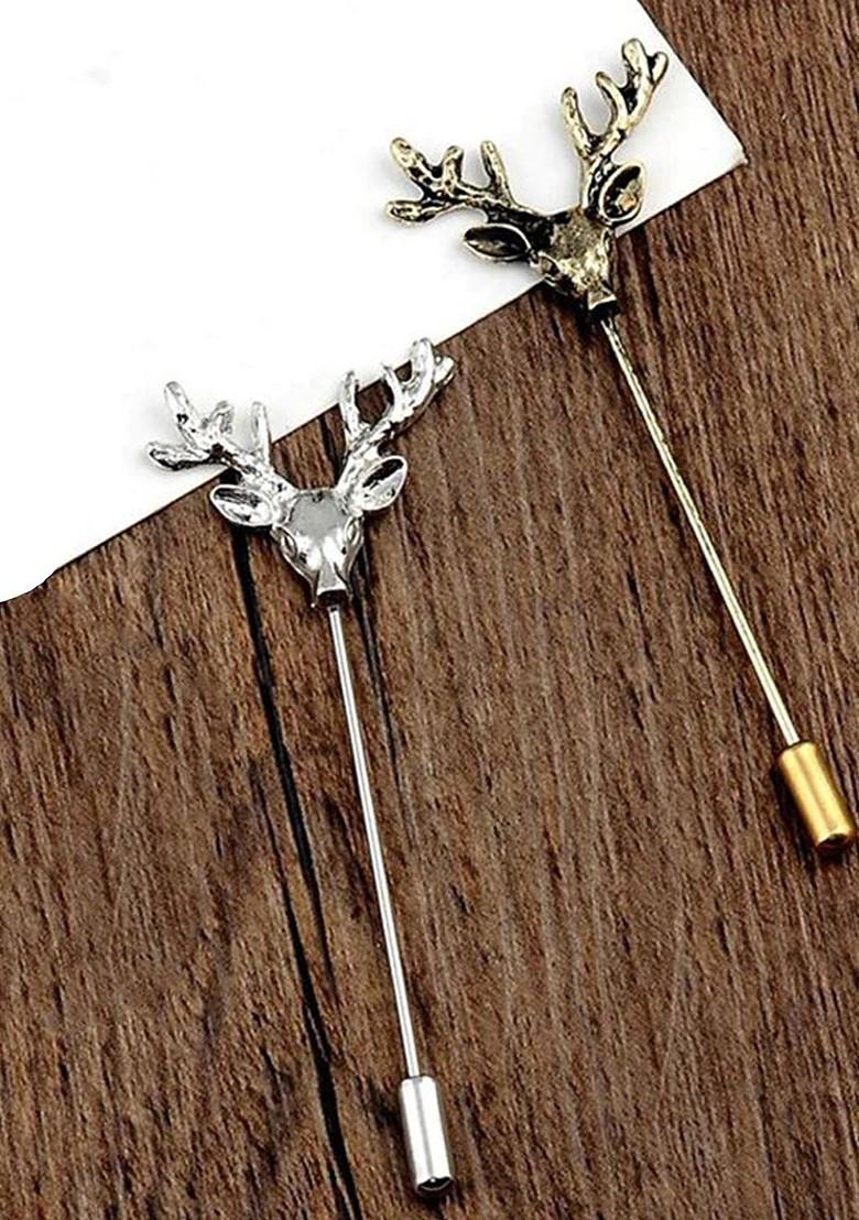 Set Of 2 Men Deer Face Shaped Lapel Brooch