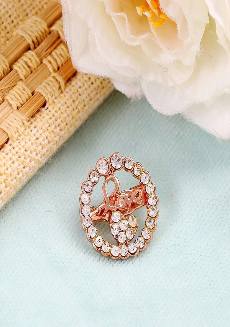 Women Gold Plated Love Engraved Crystal Studded Brooch