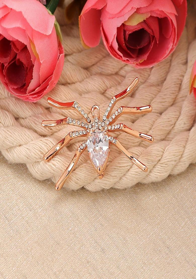 Women Gold Plated Crystal Studded Spider Charm Brooch