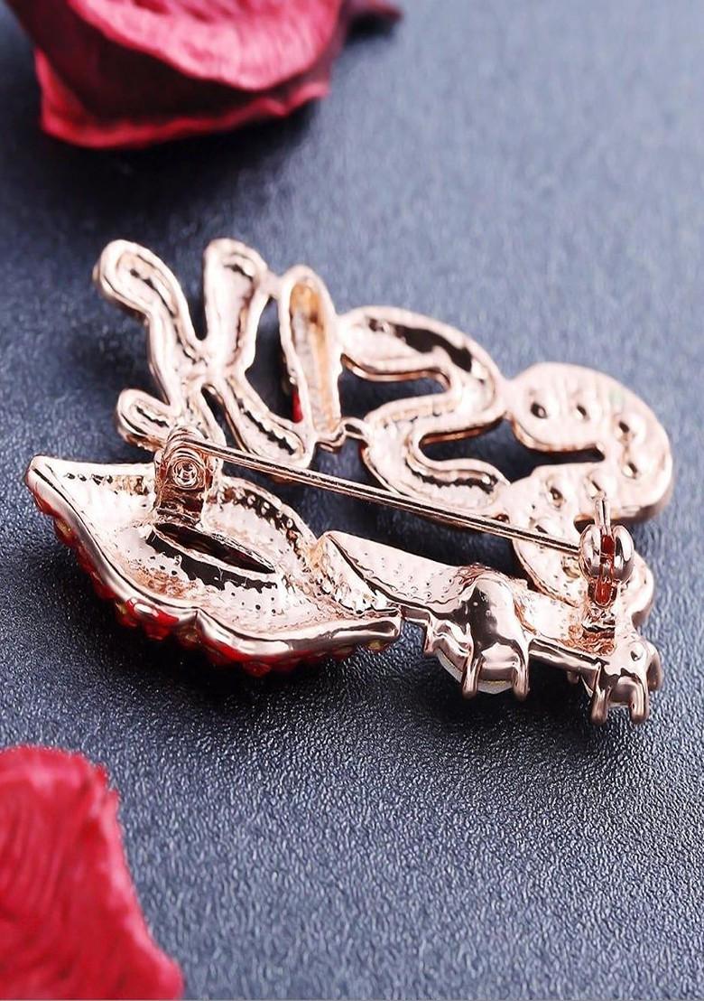 Gold Plated Crystal Studded Kiss Engraved Lips Brooch