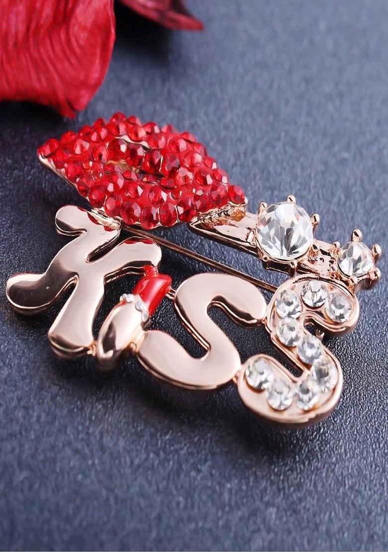Gold Plated Crystal Studded Kiss Engraved Lips Brooch