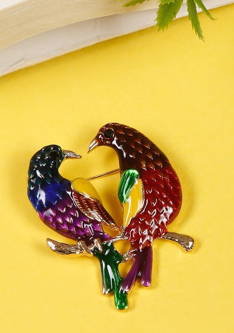 Crystal Studded Love Birds Shaped Brooch