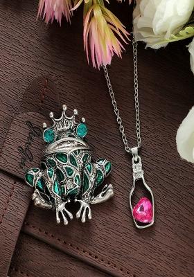 Women Crystal Studded Heart Charm Necklace Brooch Set