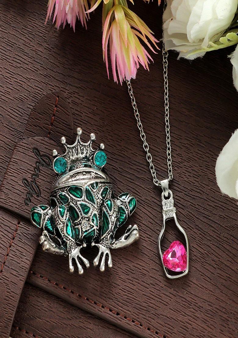 Women Crystal Studded Heart Charm Necklace Brooch Set