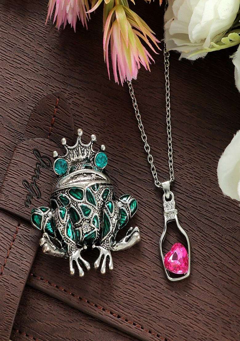Women Crystal Studded Heart Charm Necklace Brooch Set - Indya