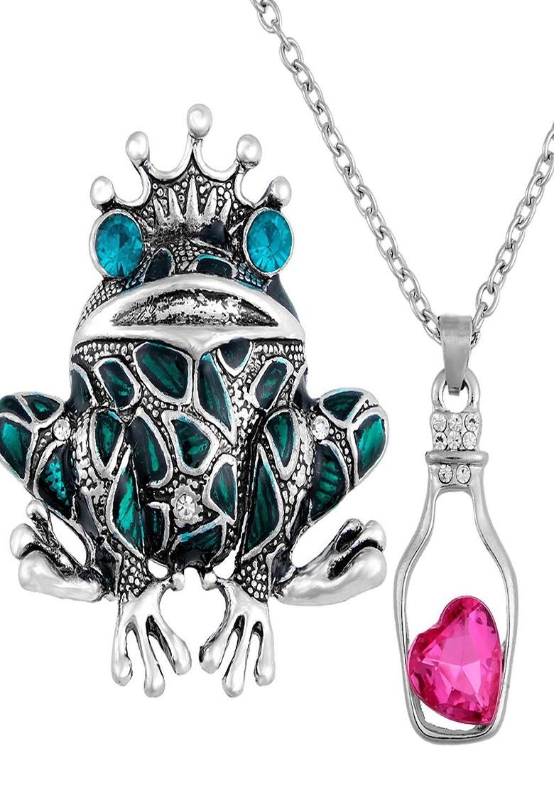 Women Crystal Studded Heart Charm Necklace Brooch Set