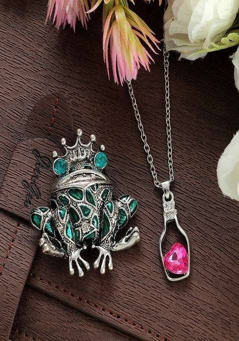 Women Crystal Studded Heart Charm Necklace Brooch Set