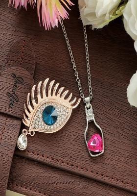 Women Rose Gold Plated Crystal Studded Brooch Pendant Set