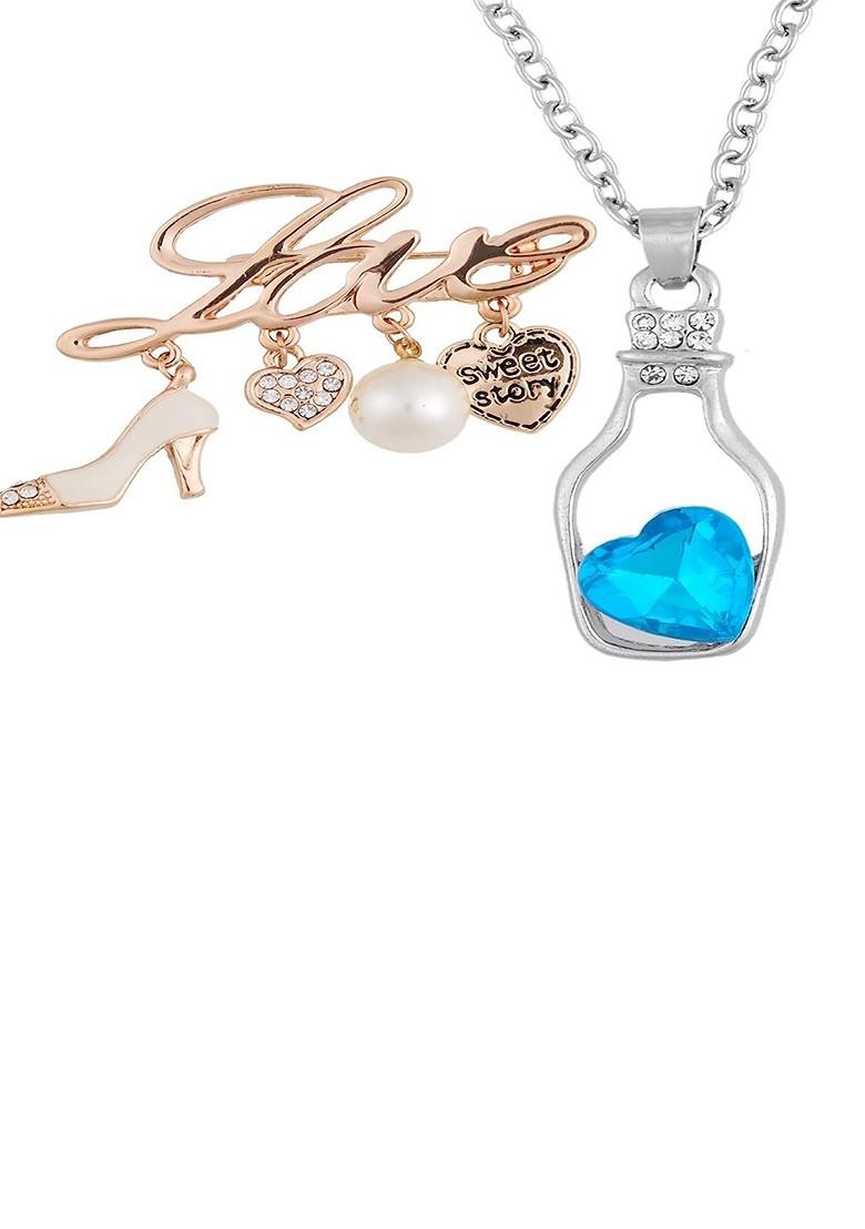 Women Crystal Studded Pearl Beaded Brooch Pendant Necklace Combo Set