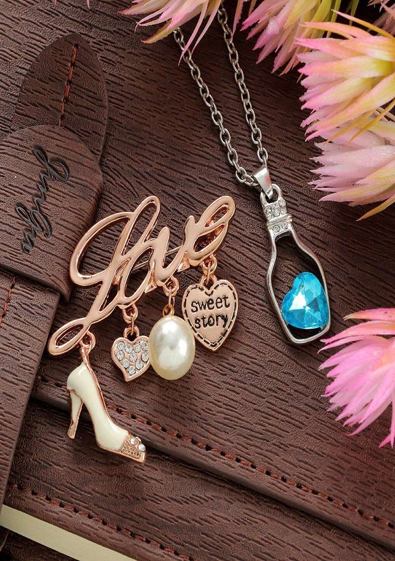 Women Crystal Studded Pearl Beaded Brooch Pendant Necklace Combo Set - Indya