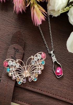 Women Rose Gold Plated Crystal Studded Brooch Pendant Set