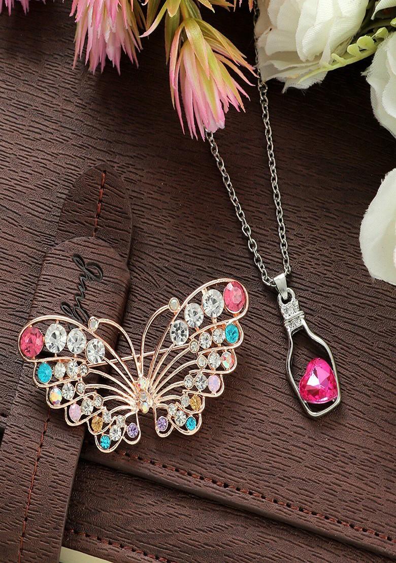 Women Rose Gold Plated Crystal Studded Brooch Pendant Set