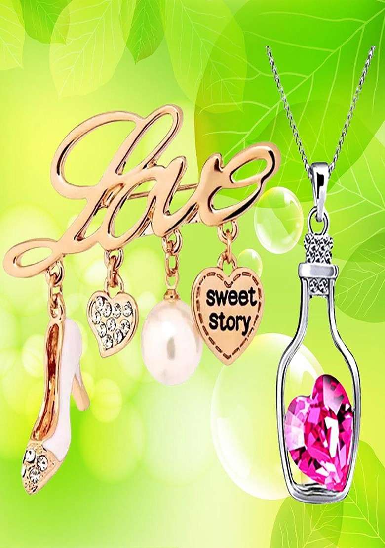 Heart Crystal Pendant Necklace Charm Design Love Brooch - Indya