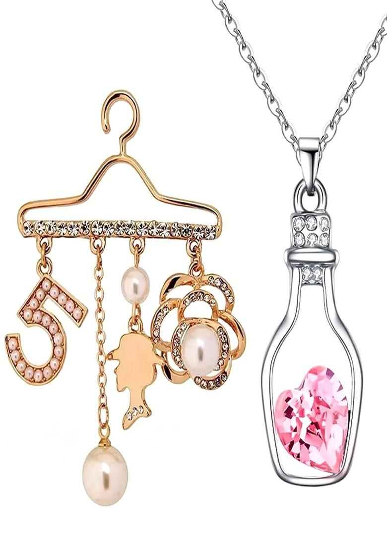 Women Set Of Heart Crystal Pendant Faux Pearl Hanger Dangle Brooch