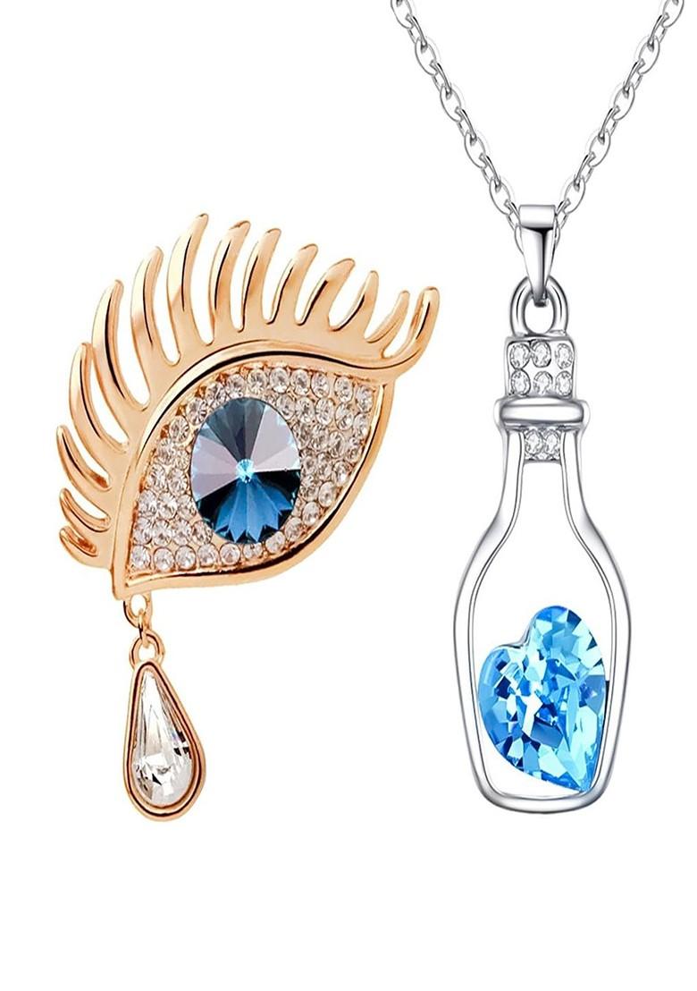 Heart Crystal Pendant Necklace Angel Tears Crystal Brooch Set