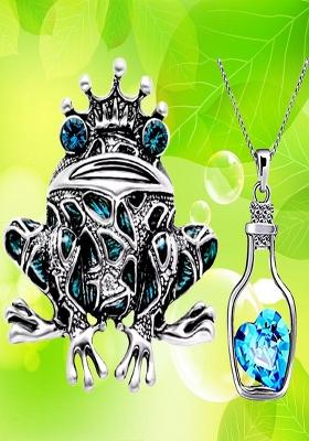 Women Set Of Frog Brooch Heart Crystal Pendant