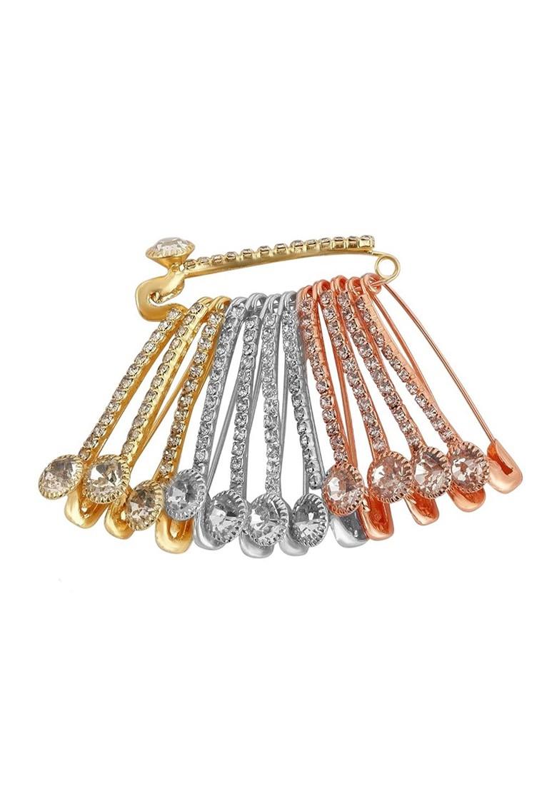 12 Pcs Gold Silver Rosegold Rhinestone Safety Saree Pleats Pin Brooch