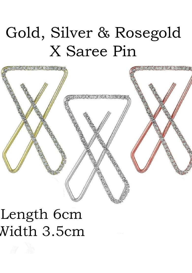 Silver Gold Rose Gold Plated Clip On Stone Safety Saree Pleats Pin Brooch