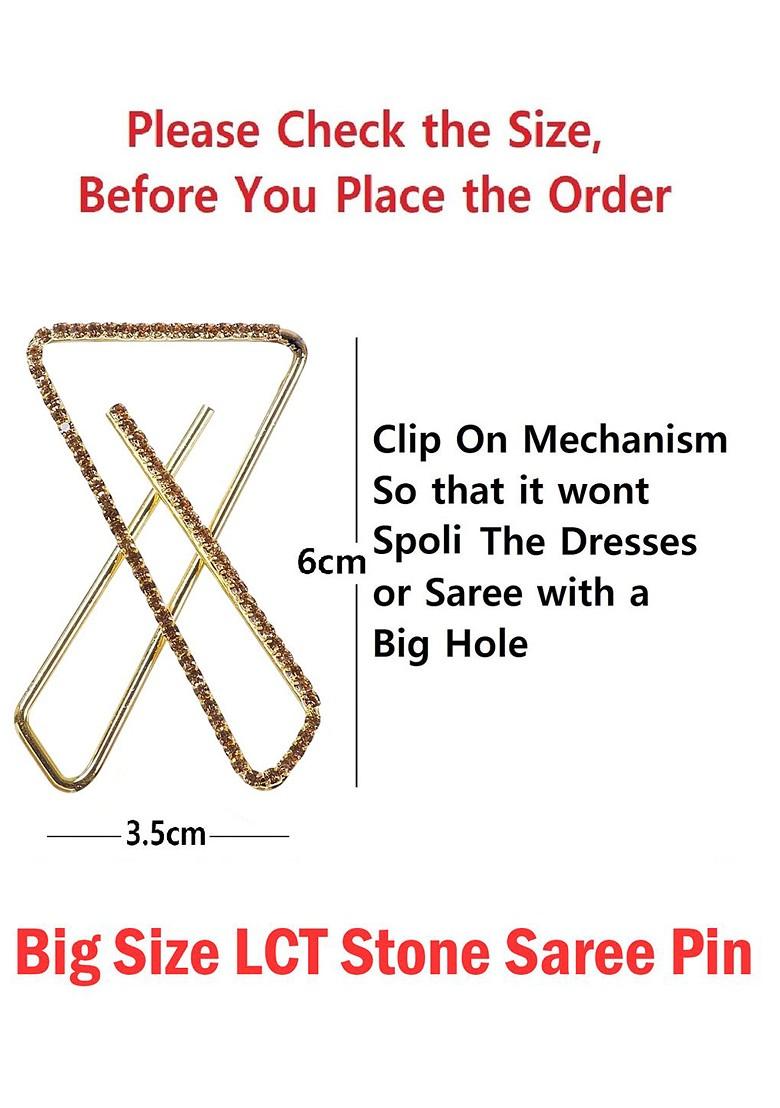 Gold Plated Rhinestone Clip On Safety Saree Pleats Pin Brooch