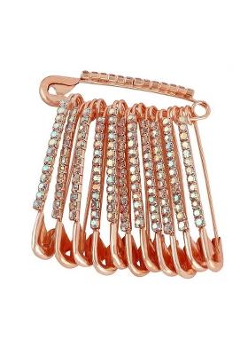 12 Pcs Rose Gold Plated Rhinestone Safety Saree Pleats Pin Brooch