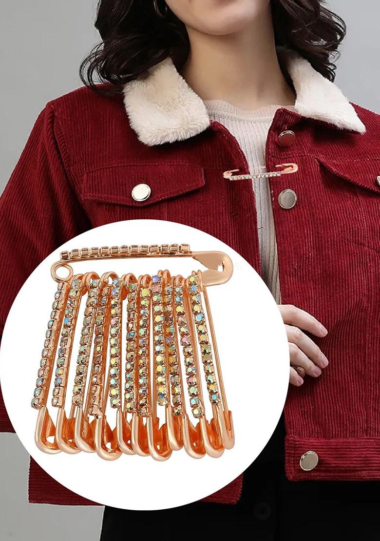 12 Pcs Rose Gold Plated Rhinestone Safety Saree Pleats Pin Brooch