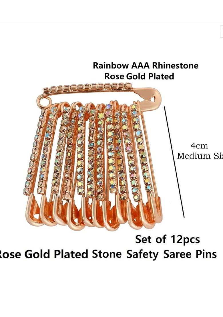 12 Pcs Rose Gold Plated Rhinestone Safety Saree Pleats Pin Brooch