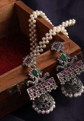 Silver Plated Alloy Pink Artificial Stones And Beads Earrings