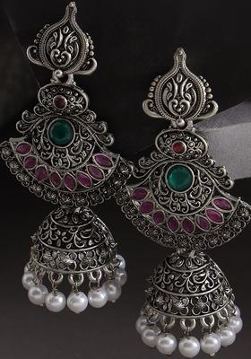 Silver Plated Alloy Silver Artificial Stones And Beads Earrings