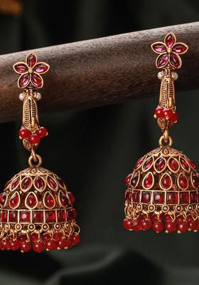 Gold Plated Alloy Pink Artificial Stones And Beads Earrings