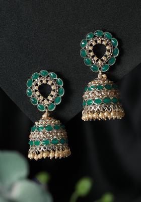 Gold Plated Alloy Green Artificial Stones And Beads Earrings