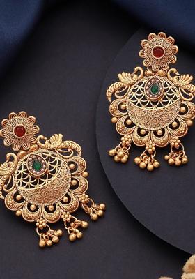 Gold Plated Alloy Green Artificial Stones And Beads Earrings