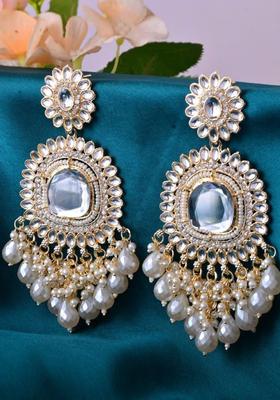 Gold Plated Stainless Steel White Artificial Beads Earrings