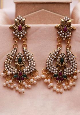 Gold Plated Alloy Golden Artificial Stones And Beads Earrings