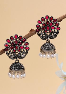 Silver Plated Alloy Red Kundan Earrings