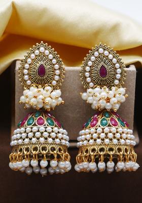 Gold Plated Alloy Golden Artificial Stones And Beads Earrings