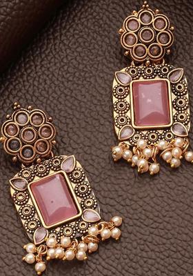 Gold Plated Alloy Pink Artificial Stones Earrings