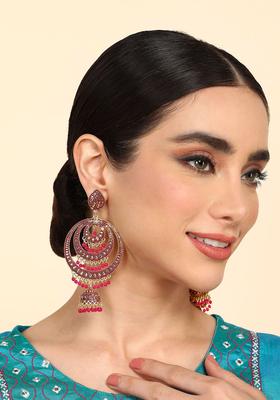 Gold Plated Alloy Pink Artificial Stones And Beads Earrings