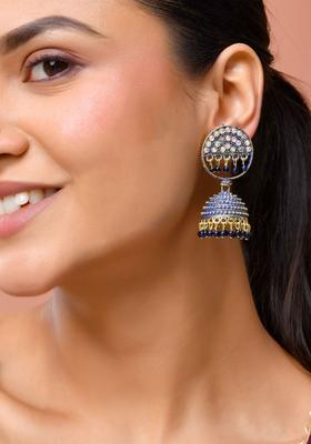 Gold Plated Stainless Steel Navy Blue Artificial Stones Earrings