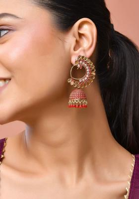 Gold Plated Stainless Steel Red Artificial Stones Earrings