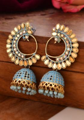 Gold Plated Stainless Steel Blue Artificial Stones Earrings