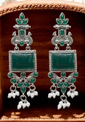 Silver Plated Alloy Green Artificial Beads Earrings