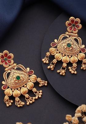 Gold Plated Alloy Red Artificial Stones And Beads Earrings