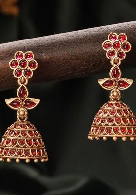 Gold Plated Alloy Pink Artificial Stones And Beads Earrings