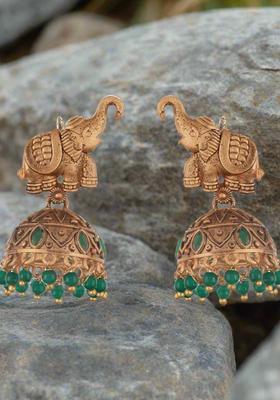Gold Plated Alloy Green Artificial Stones And Beads Earrings